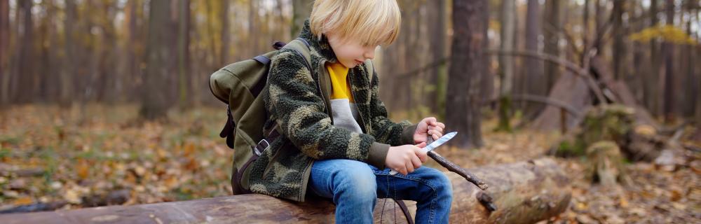 Billede af dreng som sidder i skoven og snitter. Credit Colorbox