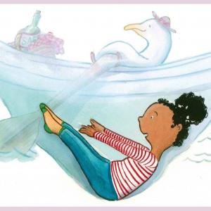 Illustration af Lea Leten, der viser yogastillingen "Båden" vist af pige