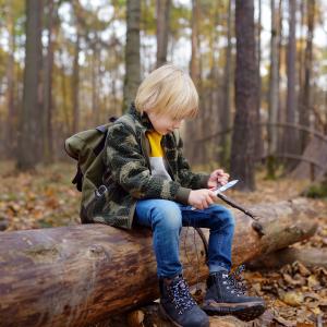 Billede af dreng som sidder i skoven og snitter